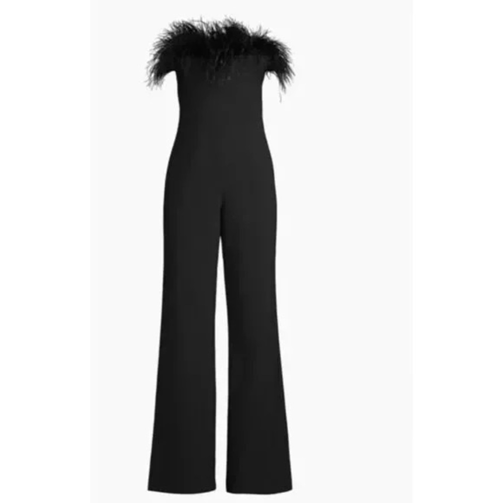 LIKELY NYC Desi Ostrich Feather Trim Jumpsuit in black